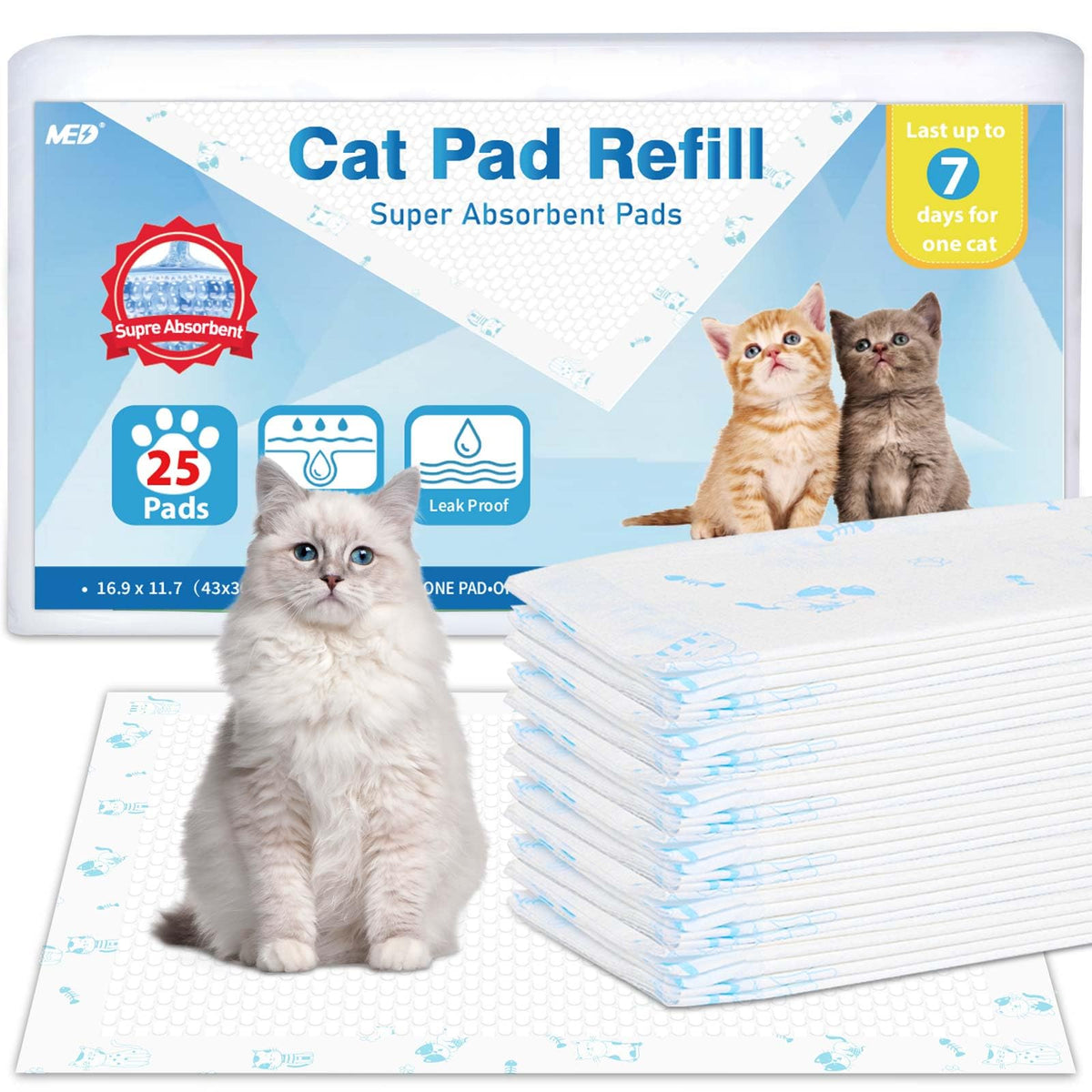 MED tapis-litière-chat-ultra-absorbant 25 pièces, vue générale montrant absorption rapide.