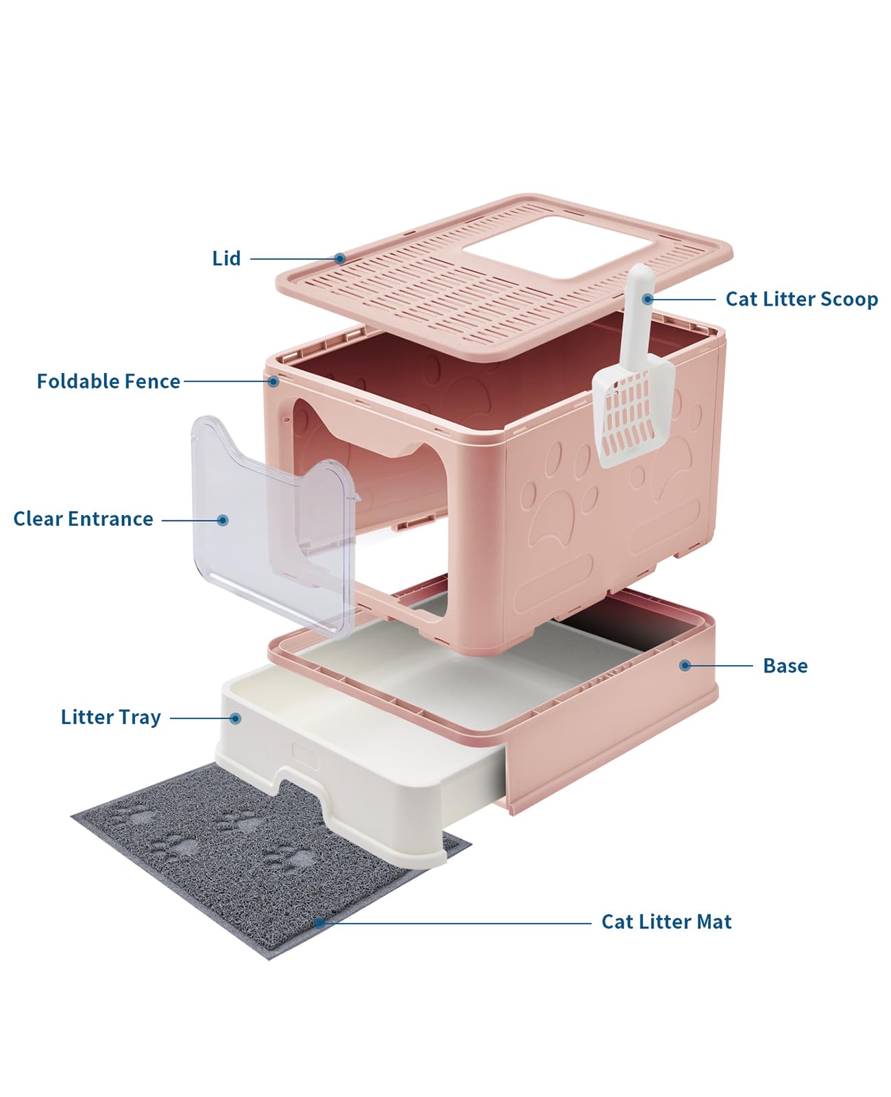 Medario Litière Design Spacieux Rose, entrée frontale adaptée et sortie supérieure.