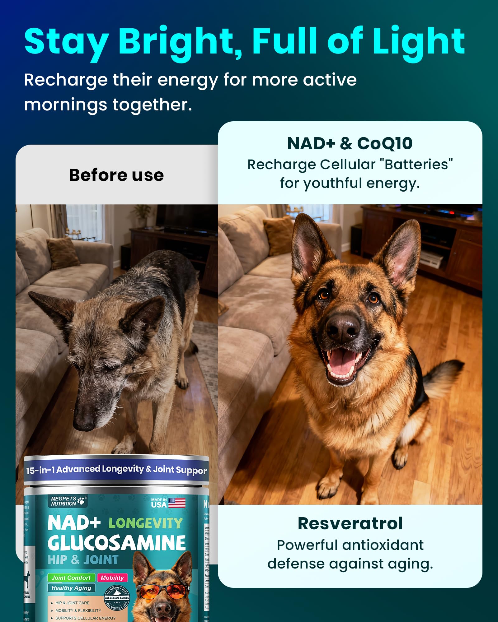 MEGPETS NUTRITION NAD+ resveratrol CoQ10 antioxydants