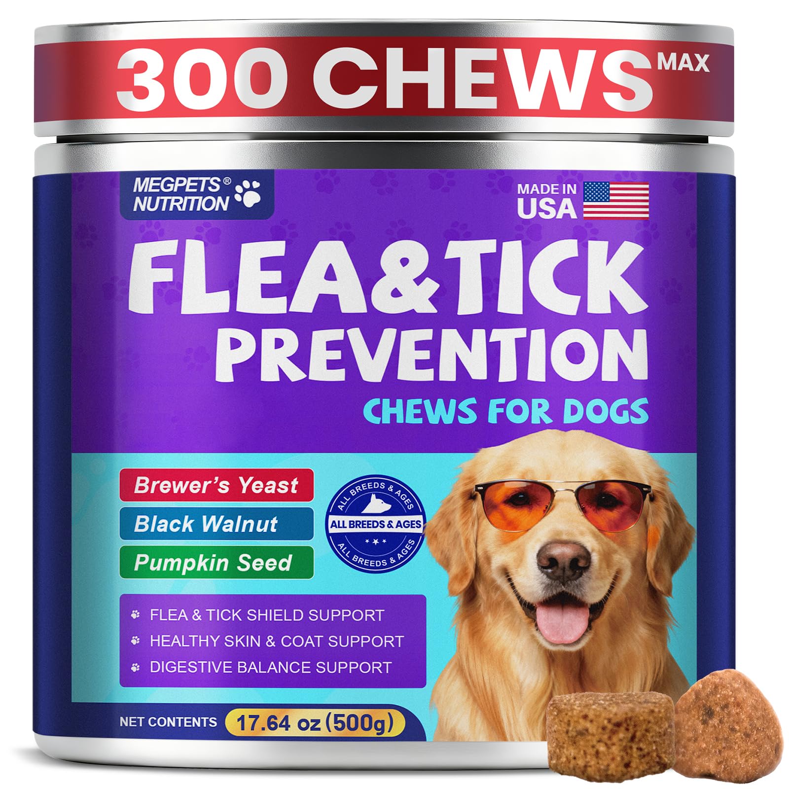 MegPets Nutrition – comprimés à mâcher pour puces et tiques, pratique et simple.