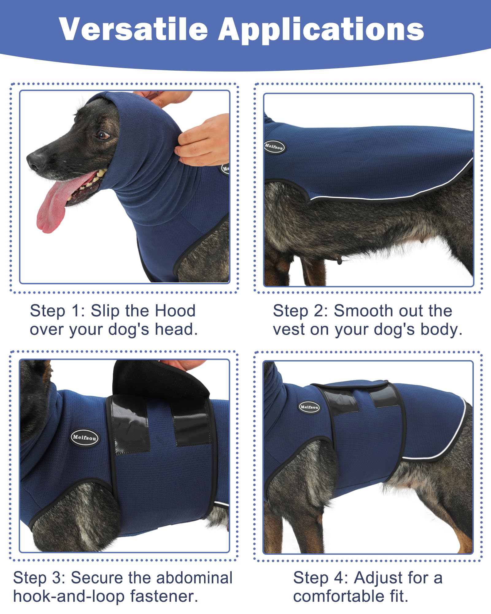 Meifsou gilet anti-anxiété chien velours tête, douceur autour des oreilles.