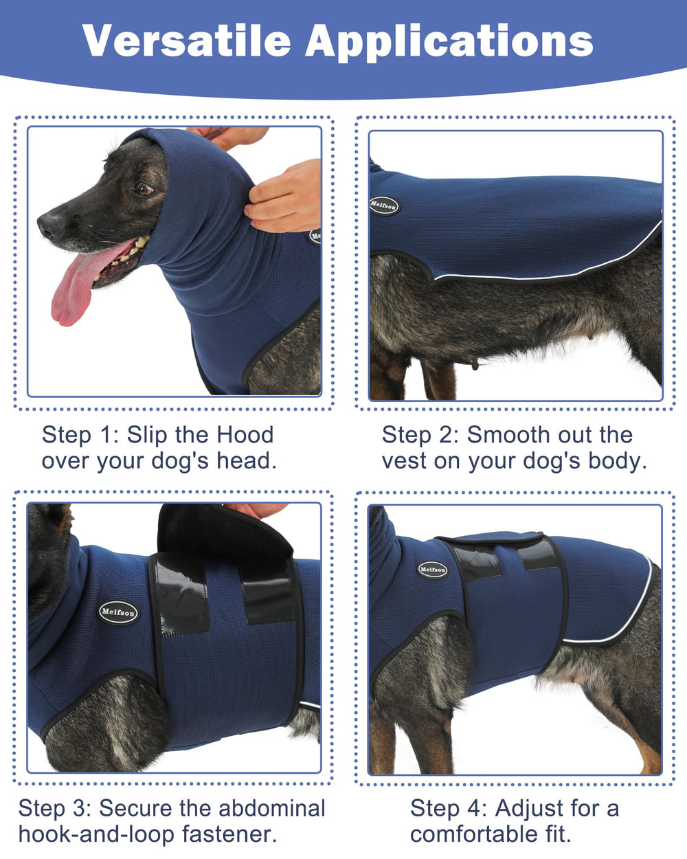 Meifsou gilet anti-anxiété chien velours tête, douceur autour des oreilles.