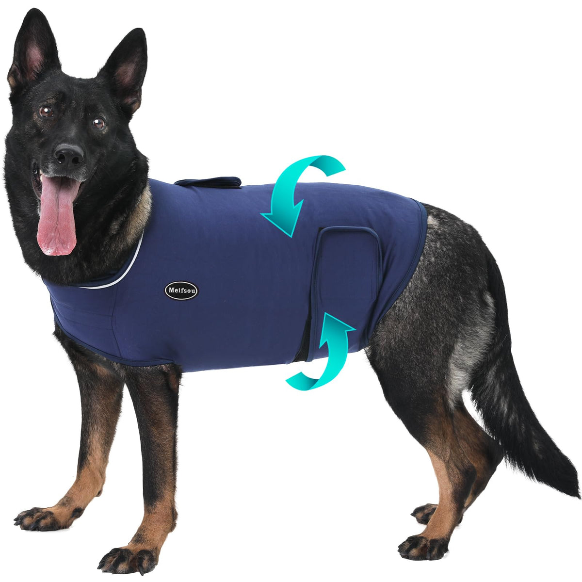 Gilet anti-anxiété Meifsou pour chien, vue face, démontrant le design enveloppant