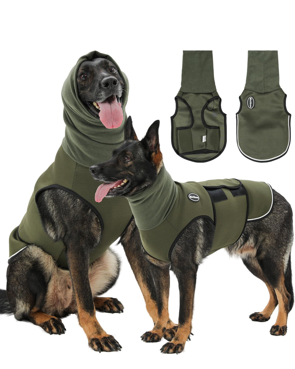 Veste Meifsou anxiété chien capuche vert army sur le chien, confort enveloppant.