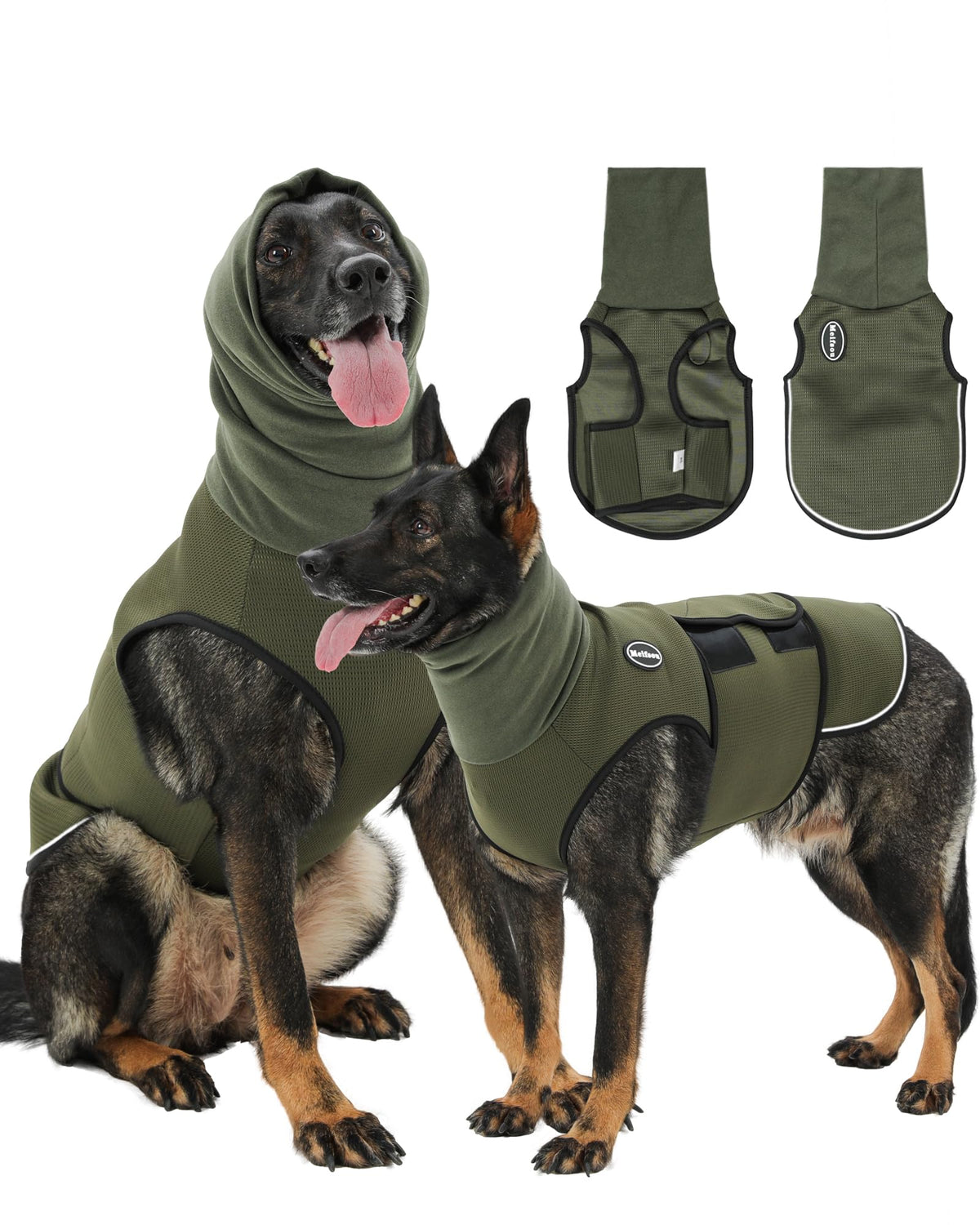 Veste Meifsou anxiété chien capuche vert army sur le chien, confort enveloppant.
