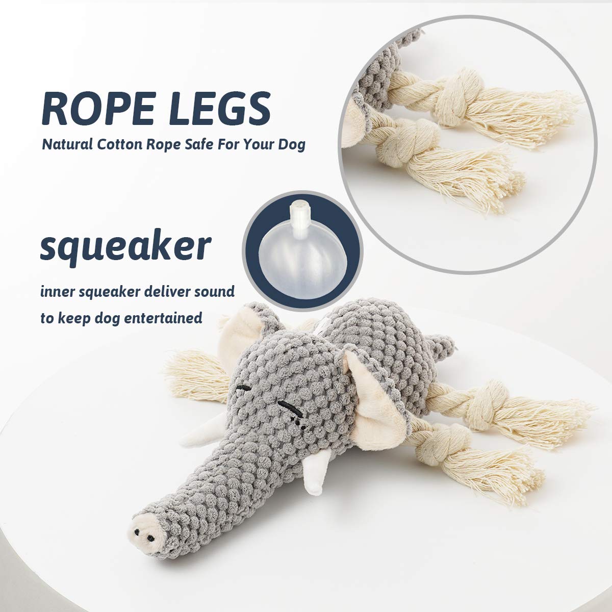 MejawJump peluche chien éléphant gris, forme éléphant avec long tronc.