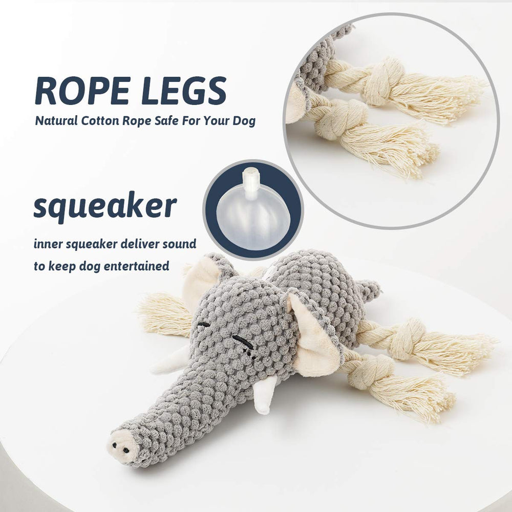 MejawJump peluche chien éléphant gris, forme éléphant avec long tronc.