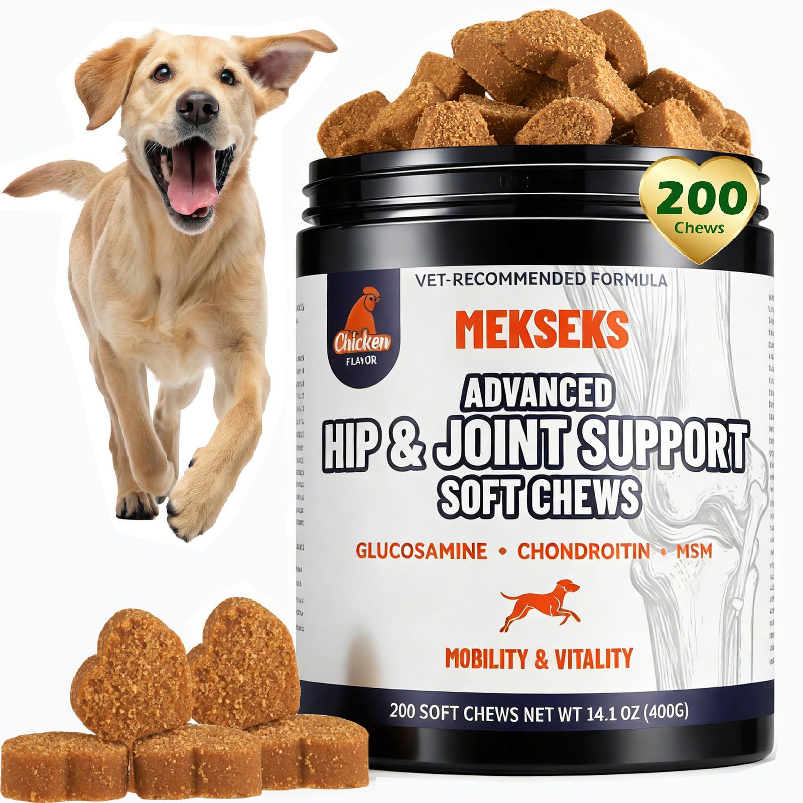 Bouchées Mekseks pour articulations du chien, soutien quotidien.