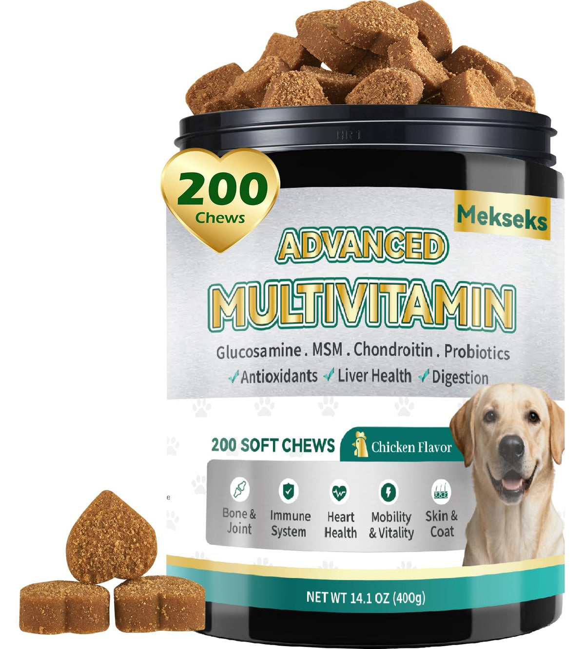 Bouteille Mekseks Advanced 24-en-1 bouchées faciles à donner pour chien.