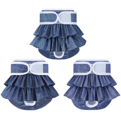 Mengelina couches pour chienne femelle réutilisables en jean, petit emballage pratique.