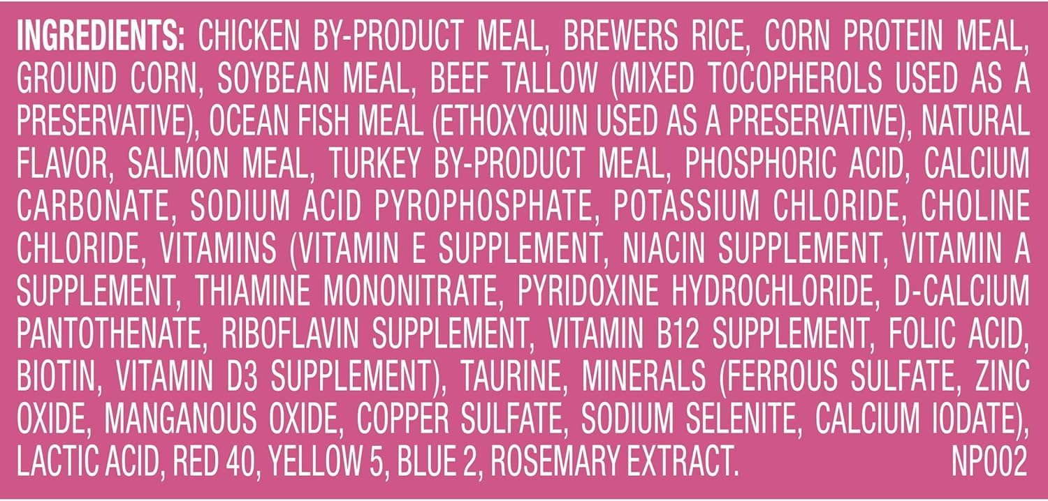 Logo DHA sur l'emballage Meow Mix Kitten Li'l Nibbles, référence nutritionnelle.