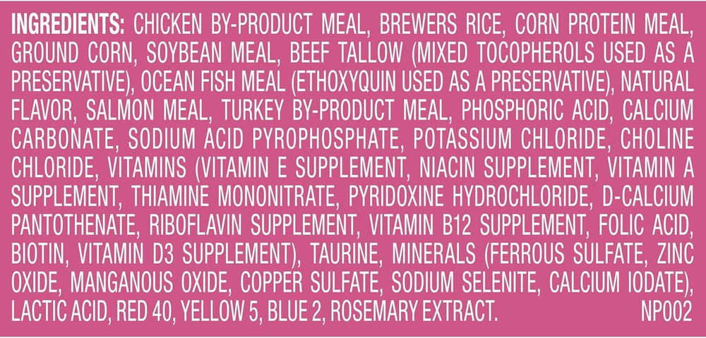 Logo DHA sur l'emballage Meow Mix Kitten Li'l Nibbles, référence nutritionnelle.