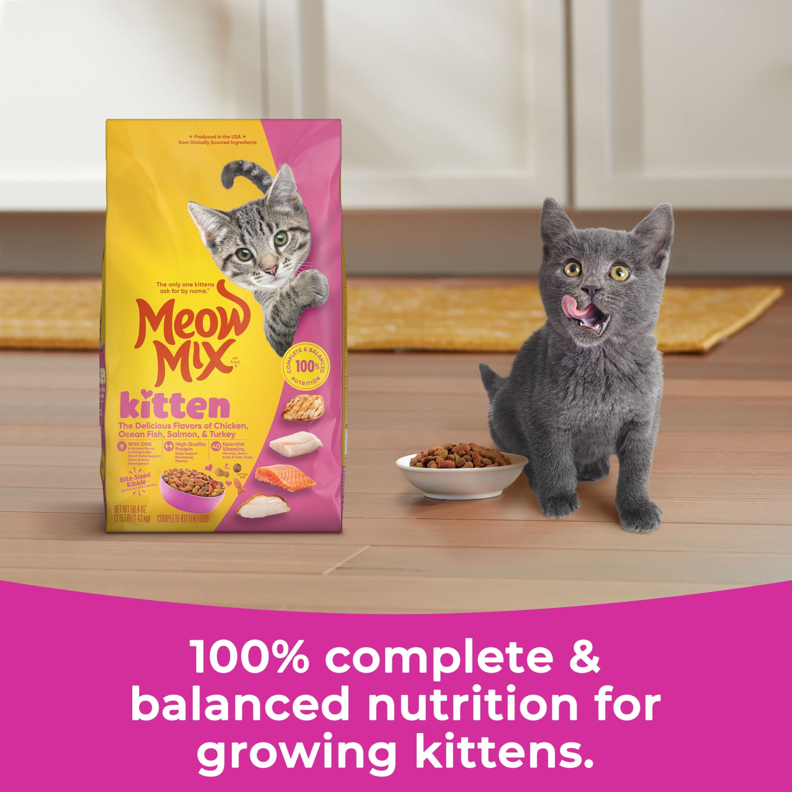 Kibbles Meow Mix Li'l Nibbles en gros plan, texture adaptée pour chatons.