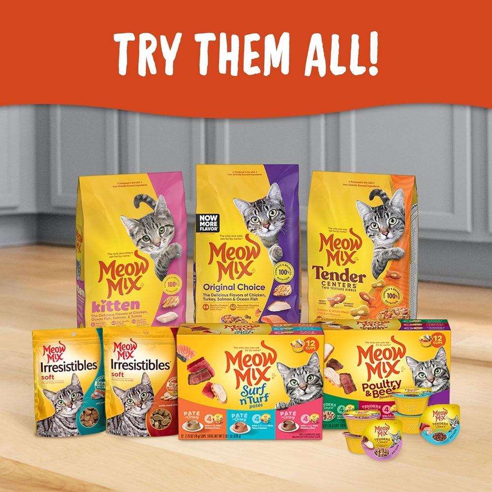 Sachet Meow Mix Kitten Li'l Nibbles, nouvelle apparence facilitant la reconnaissance de la marque.