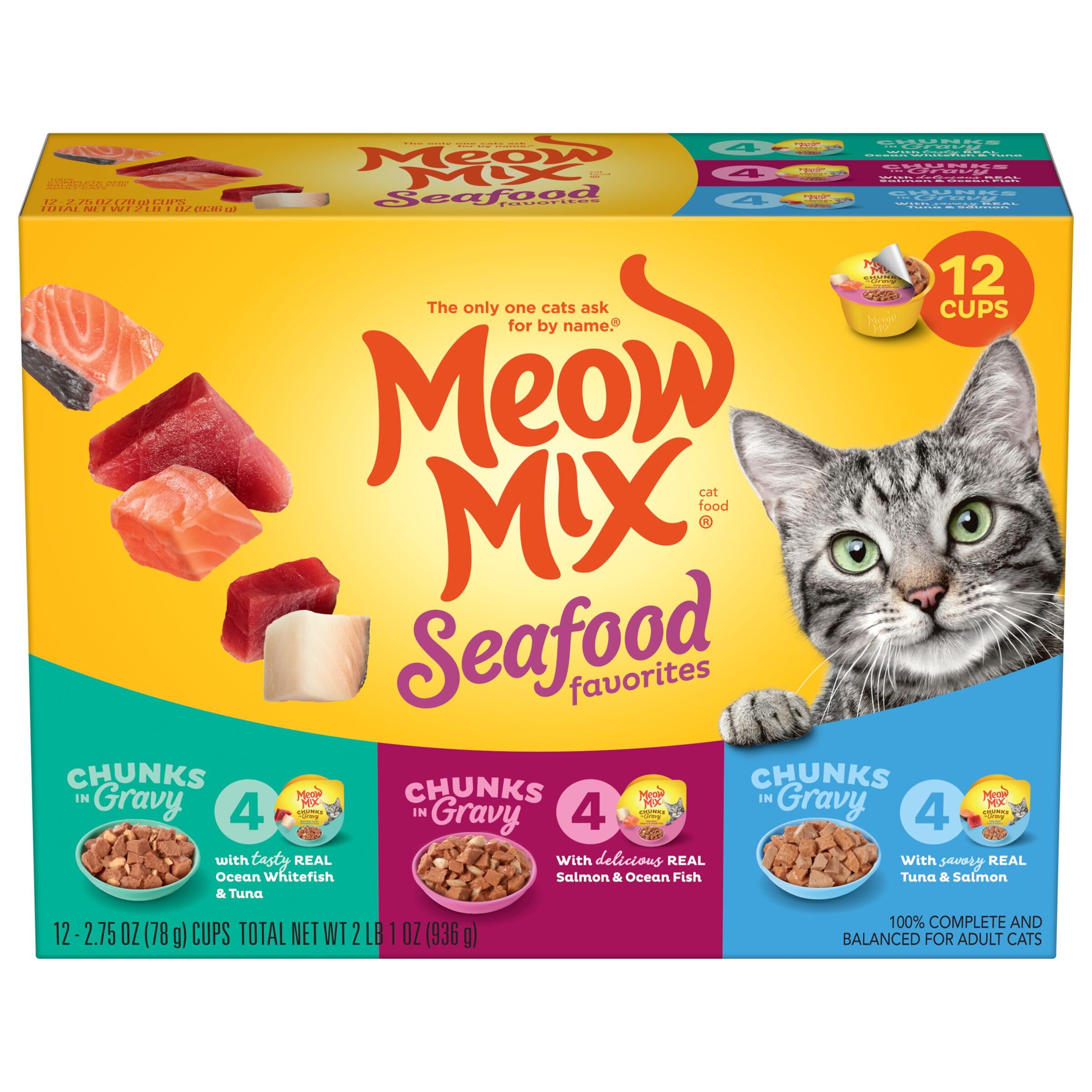 Meow Mix, morceaux-en-sauce thon et poisson blanc océan, texture appétissante.
