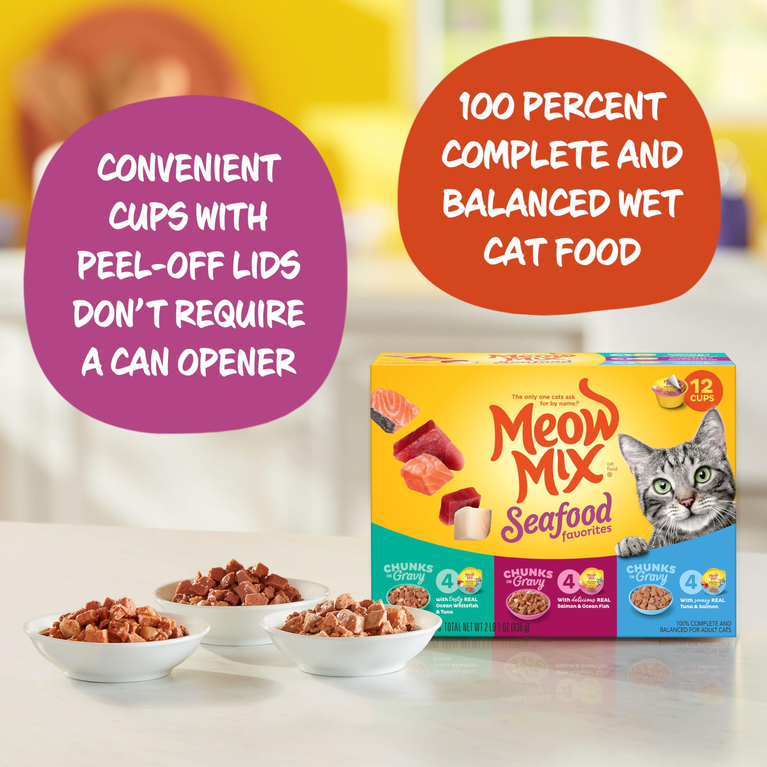 Meow Mix, morceaux-en-sauce thon-saumon, nutrition complète pour chats à tous âges.