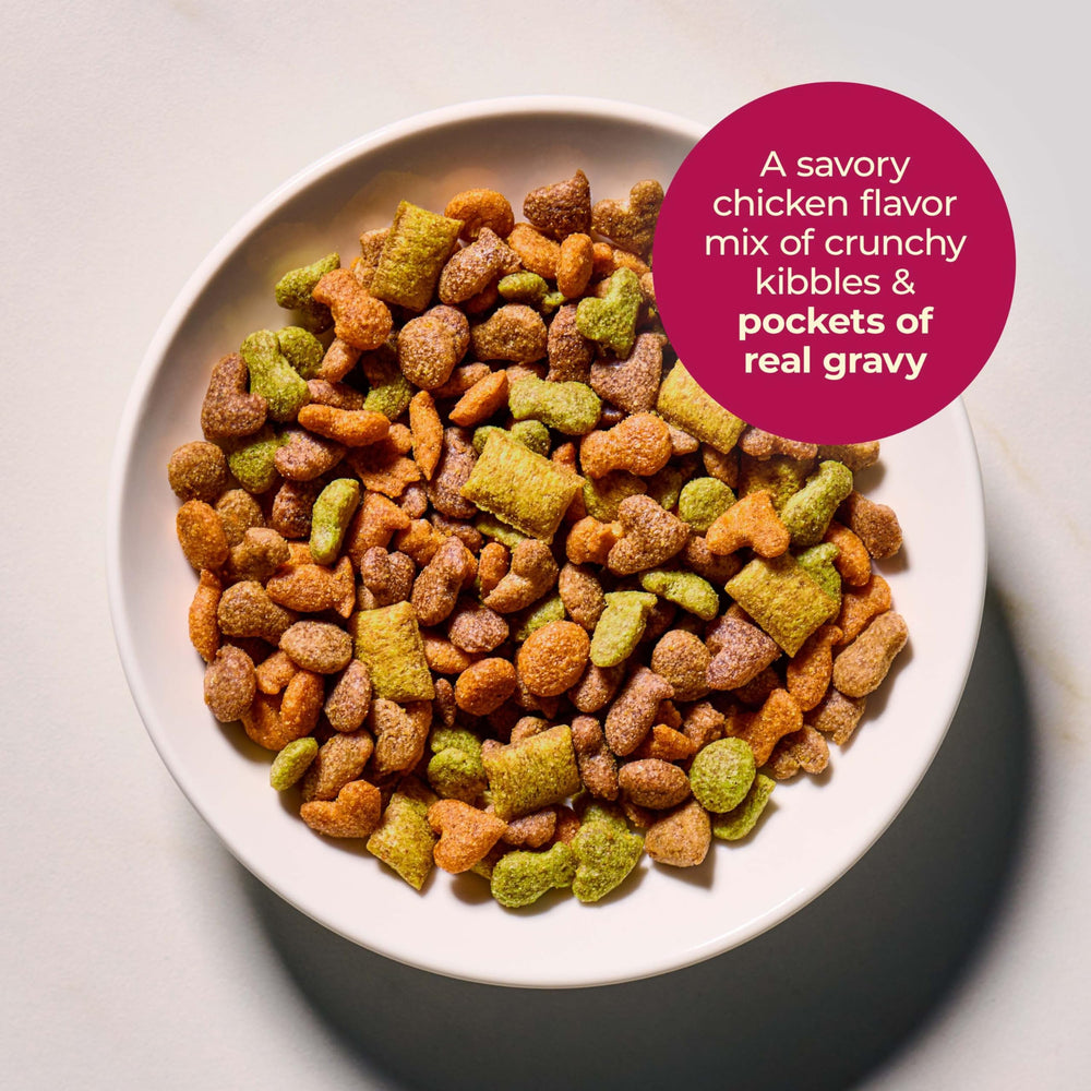 Bol chat prêt à servir avec Meow Mix Gravy Bursts.