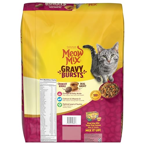 Meow Mix Gravy Bursts montre des croquettes avec poches de gravy pour plus de saveur.