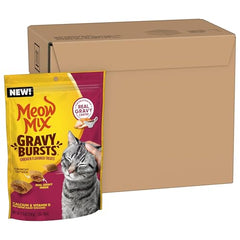 Meow Mix Gravy Bursts : friandise croquante avec gravy intérieur, récompense idéale après le jeu.