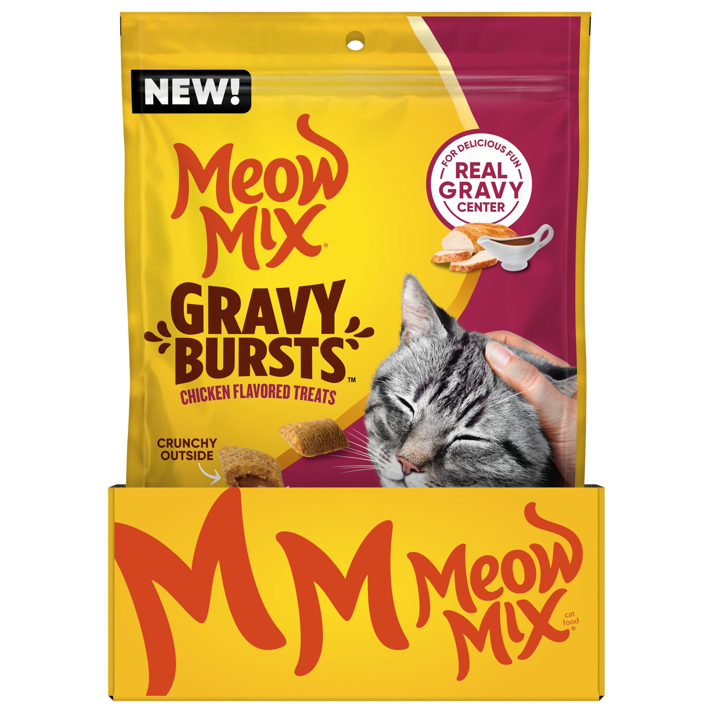 Meow Mix Gravy Bursts : récompense idéale lors du jeu, pour encourager l’activité.
