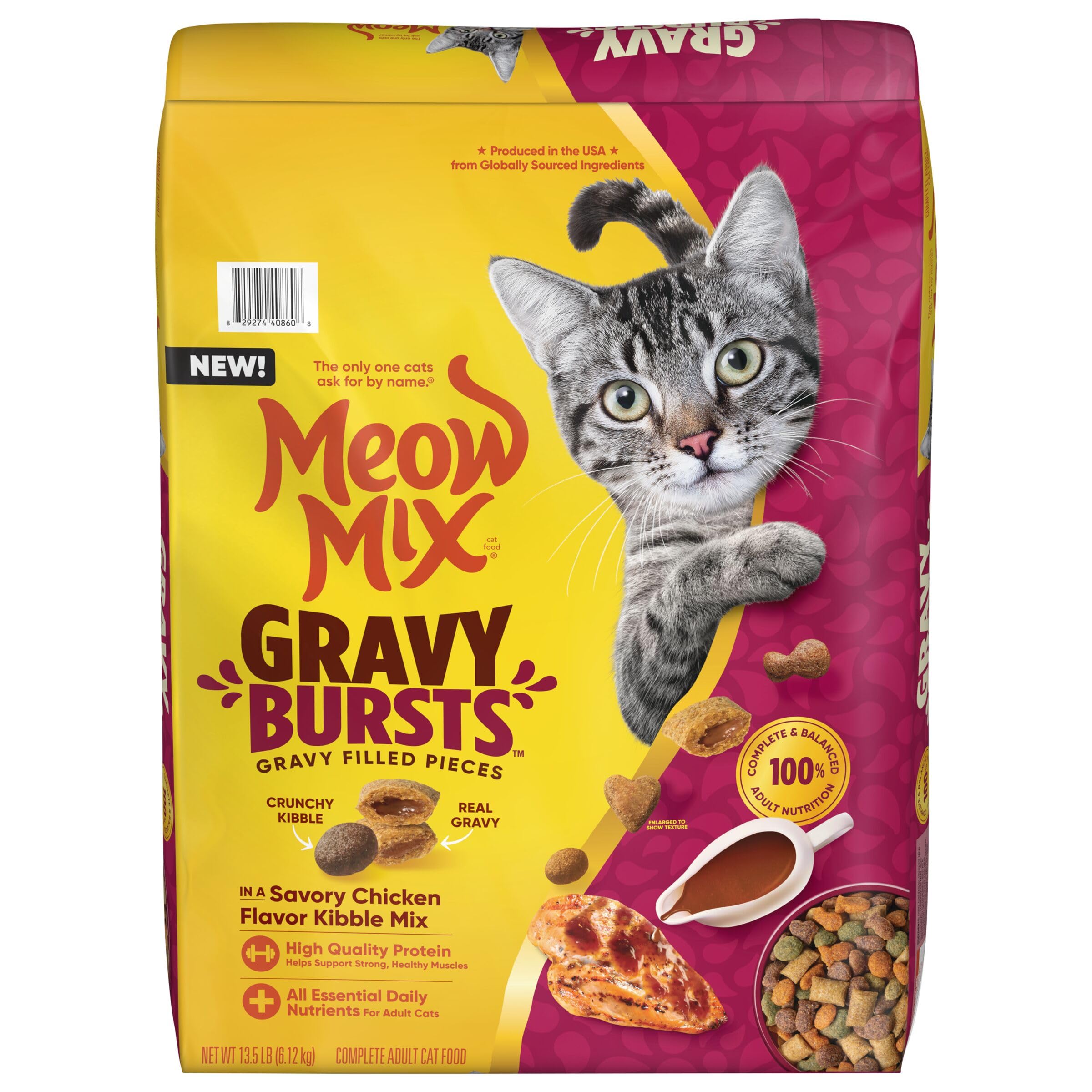 Meow Mix Gravy Bursts, sac 13,5 livres montrant des croquettes avec gravy délicieux.