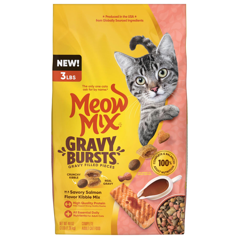 Meow Mix Gravy Bursts au saumon : bouchées croquantes avec sauce, plaisir quotidien