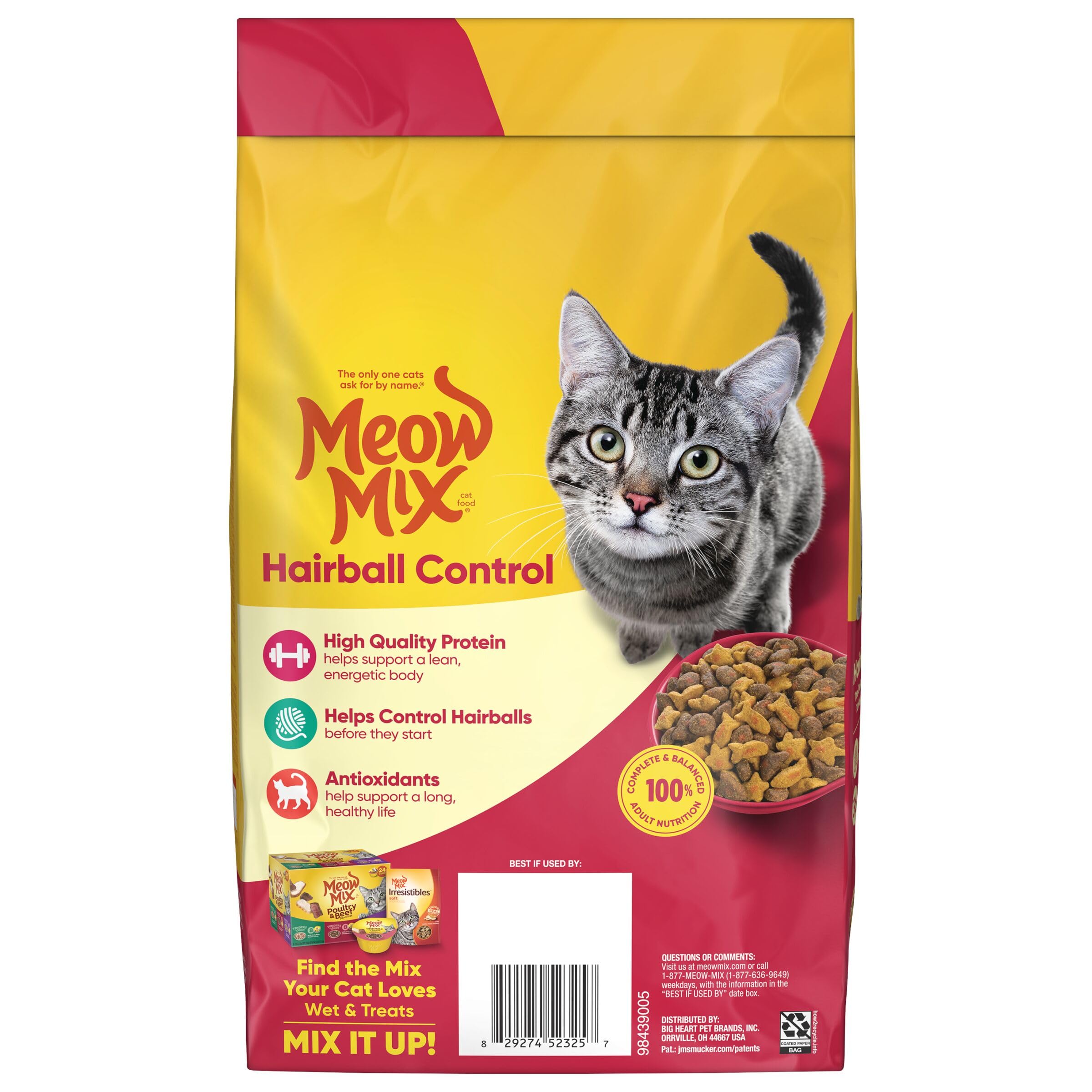 Meow Mix Hairball Control, produit fabriqué aux États‑Unis à partir d'ingrédients mondiaux