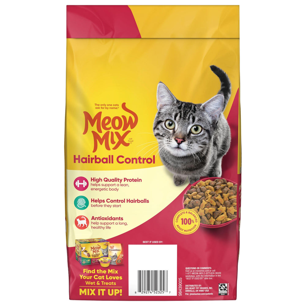Meow Mix Hairball Control, produit fabriqué aux États‑Unis à partir d'ingrédients mondiaux