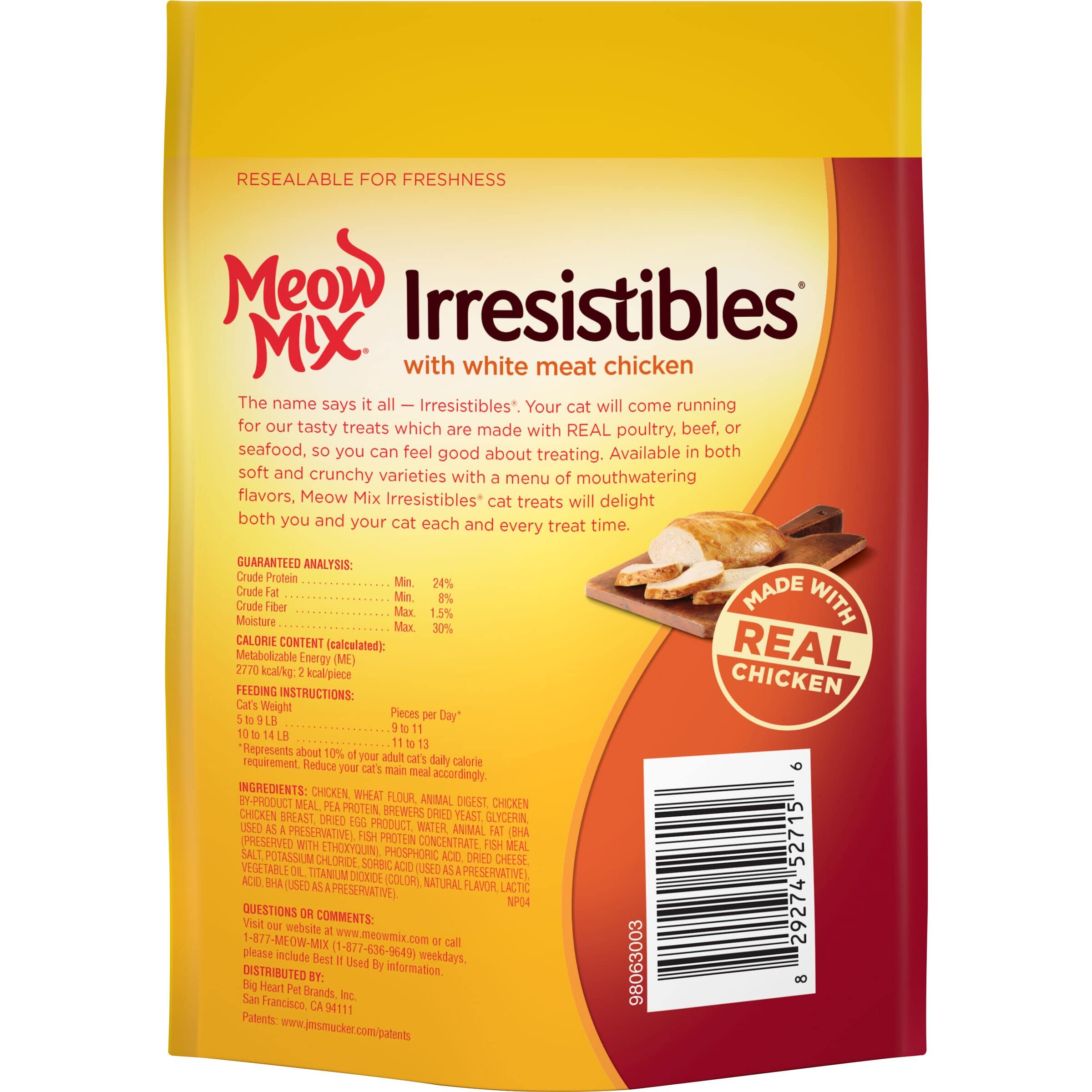 Fiche nutritionnelle Meow Mix Irresistibles indiquant les calories par friandise