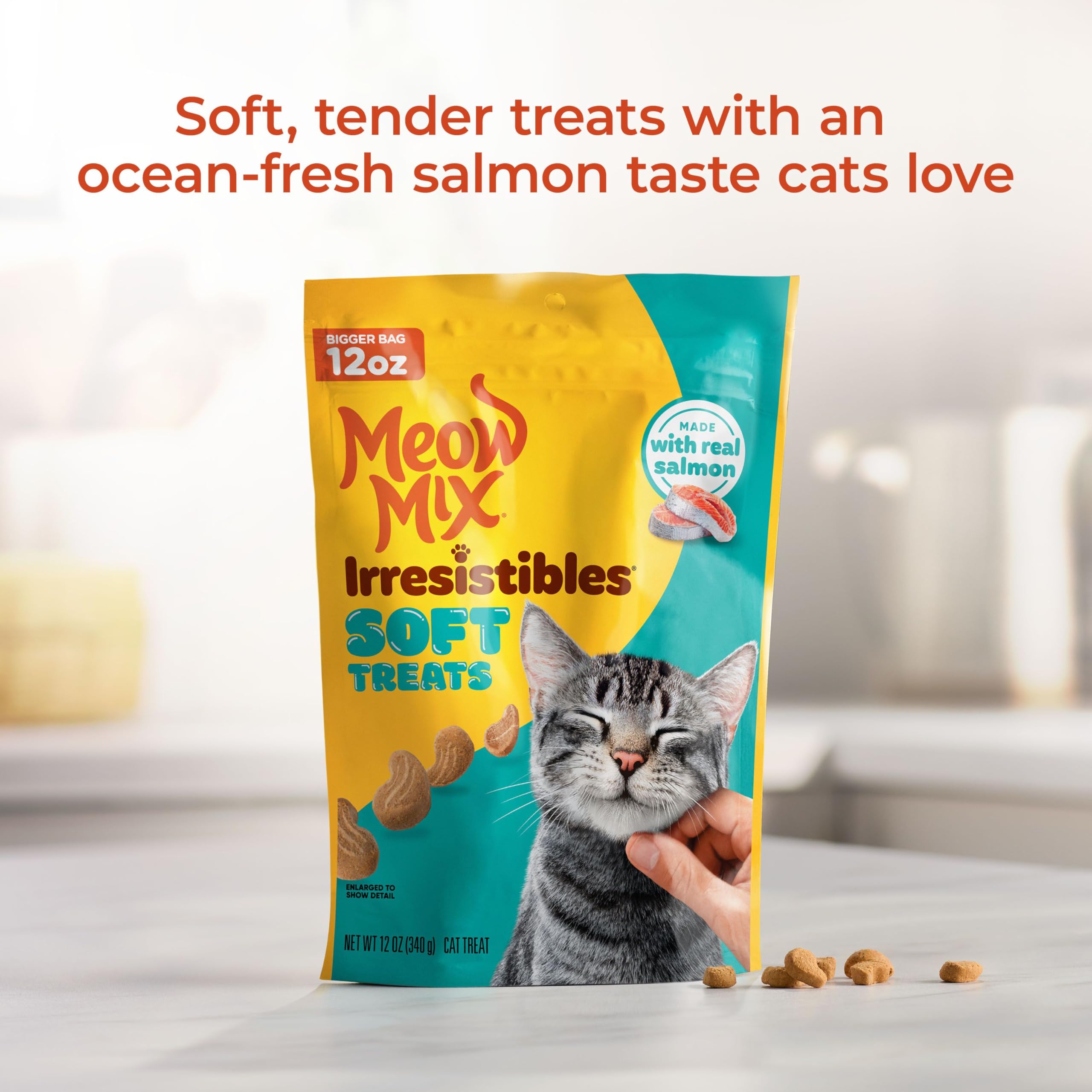 Meow Mix Irresistibles saumon reel, close-up montrant la saveur authentique pour chats.