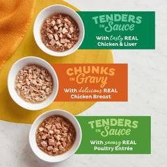Meow Mix Morceaux en gravy poitrine de poulet réelle, texture gourmande.