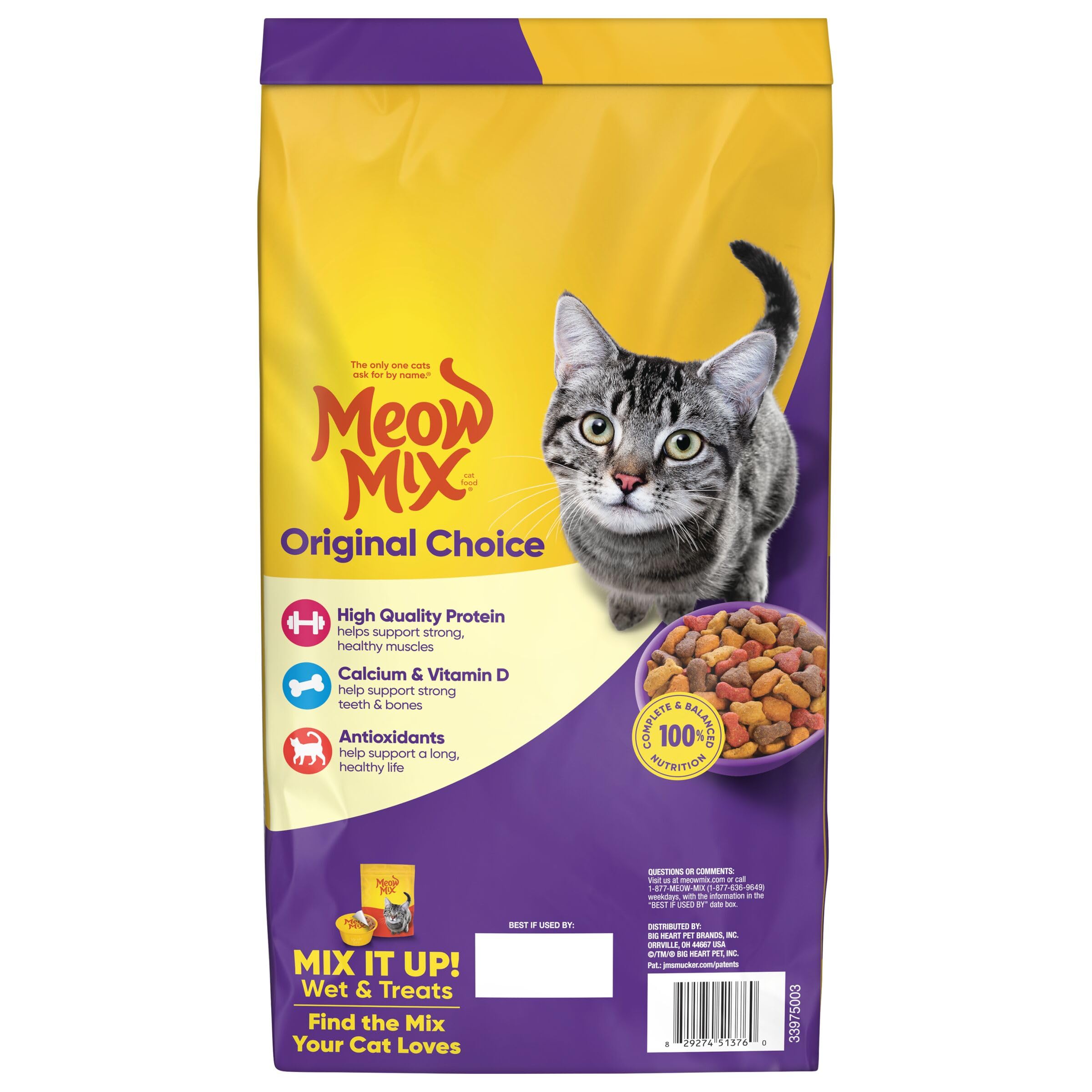 Ingrédients de qualité de Meow Mix Original Choice et liste des nutriments essentiels.