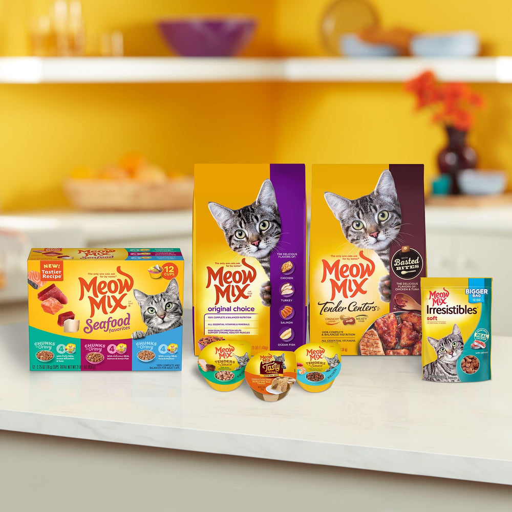Paquet de six sacs Meow Mix Original Choice, pratique et économique.