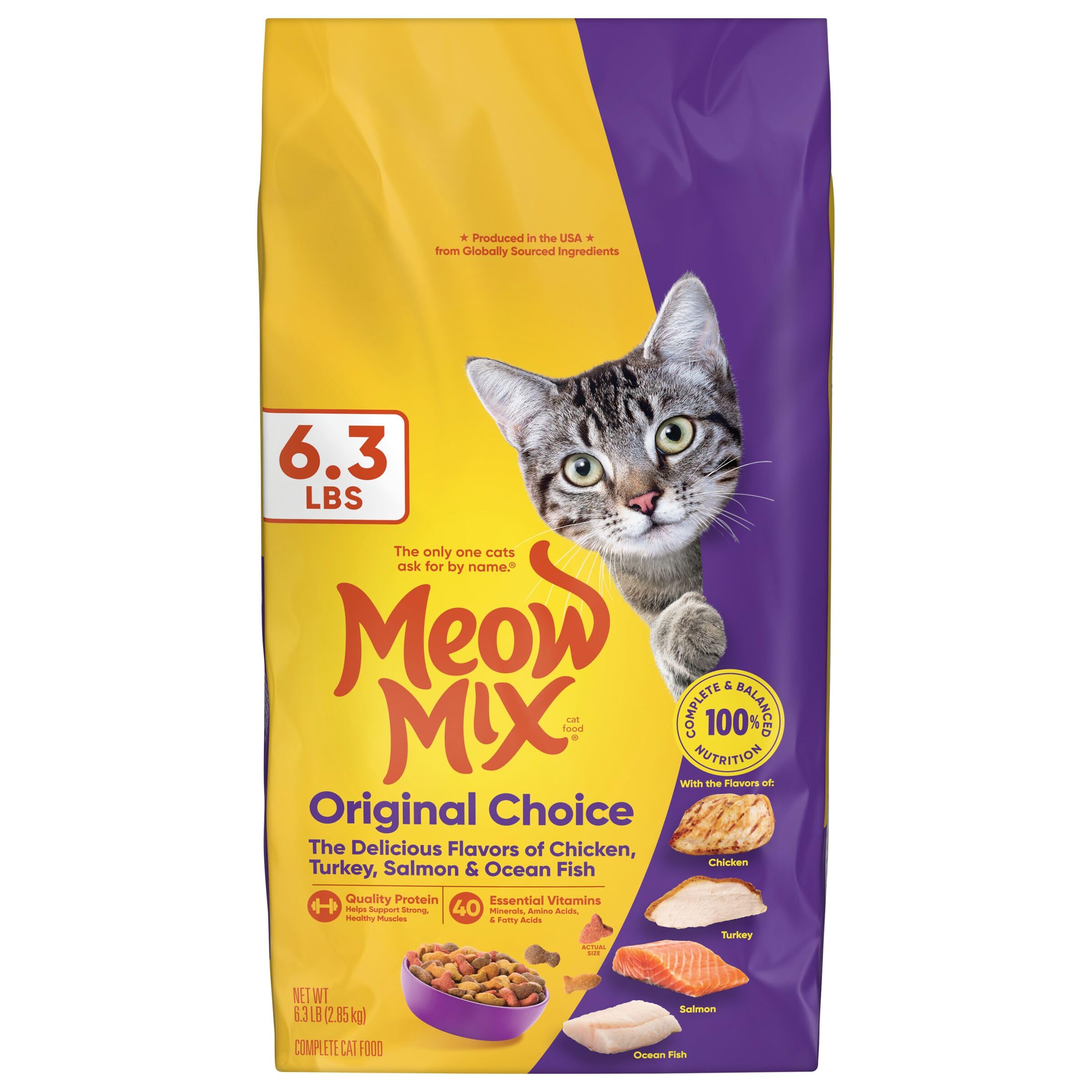 Meow Mix Original Choice, sac 6,3 lb, présentation claire du paquet et praticité.