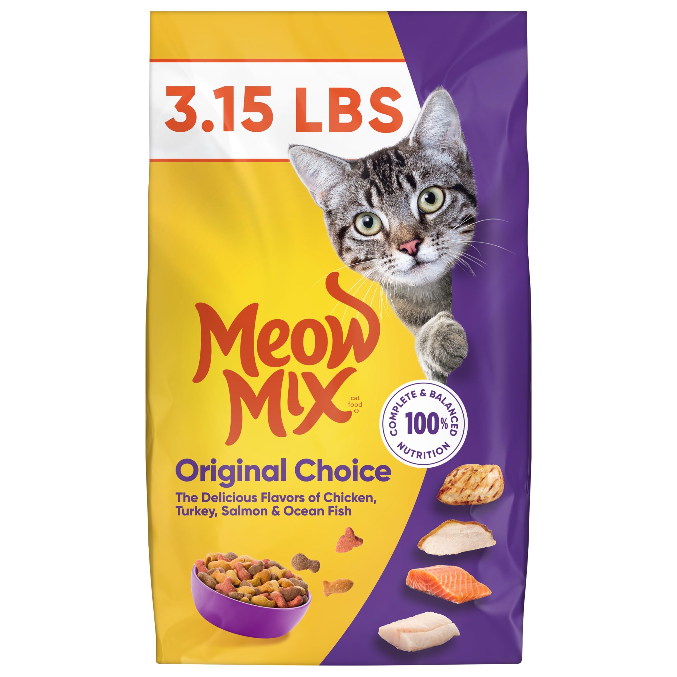 Meow Mix Original Choice, sac croquettes chat, pratique pour repas équilibré quotidien.
