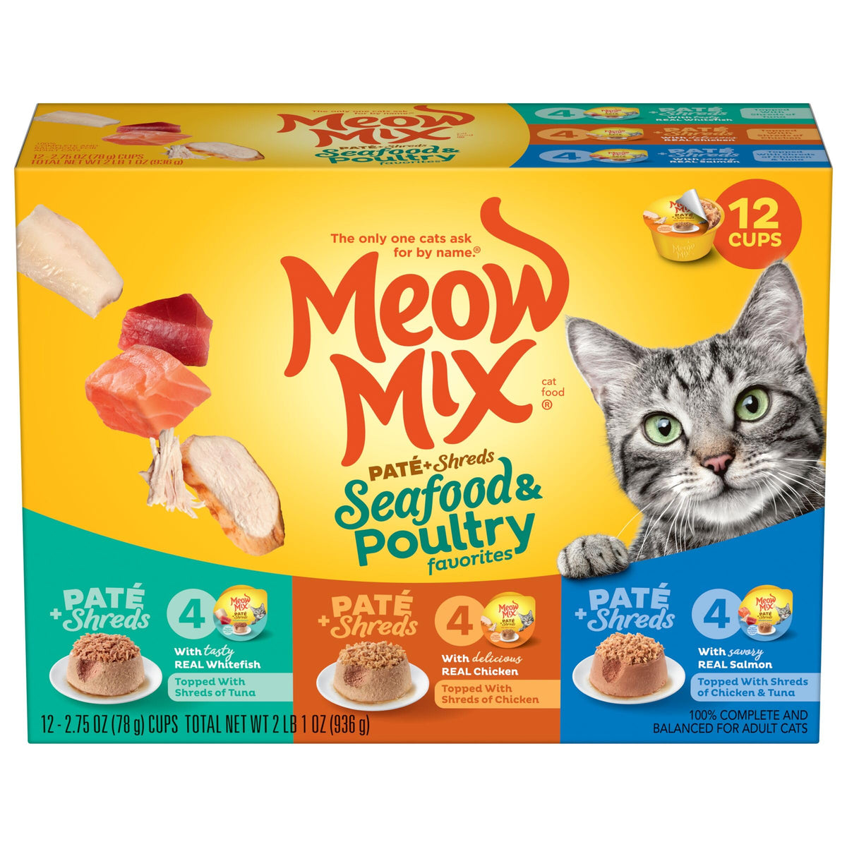 Meow Mix Paté et tranches poulet, bouchées savoureuses pour repas complet