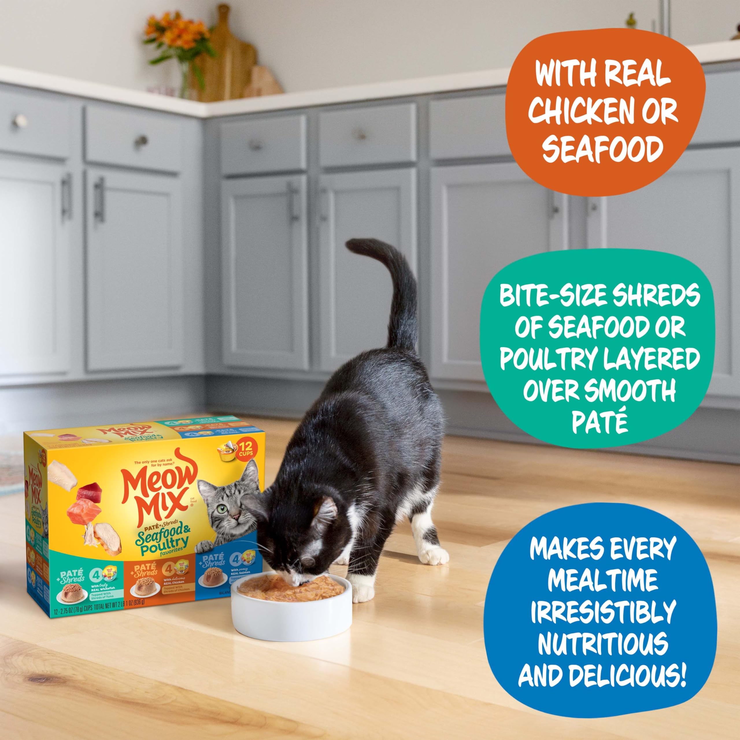 Meow Mix Paté et tranches saumon-thon, goût raffiné et appétit soutenu