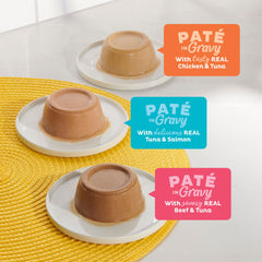 Meow Mix Paté en Gravy poulet-thon dans une tasse, saveur équilibrée.