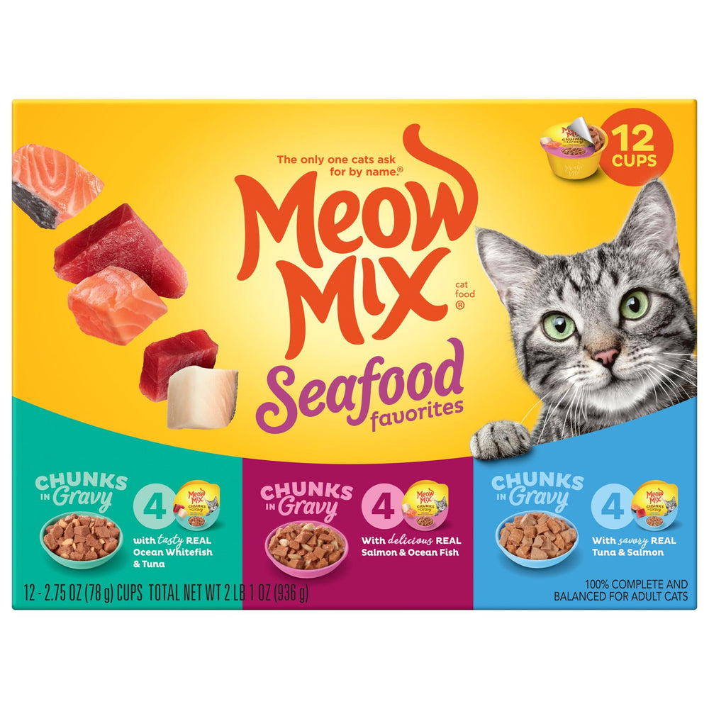 Meow Mix, variété et texture variée, plaisir félin à chaque repas.