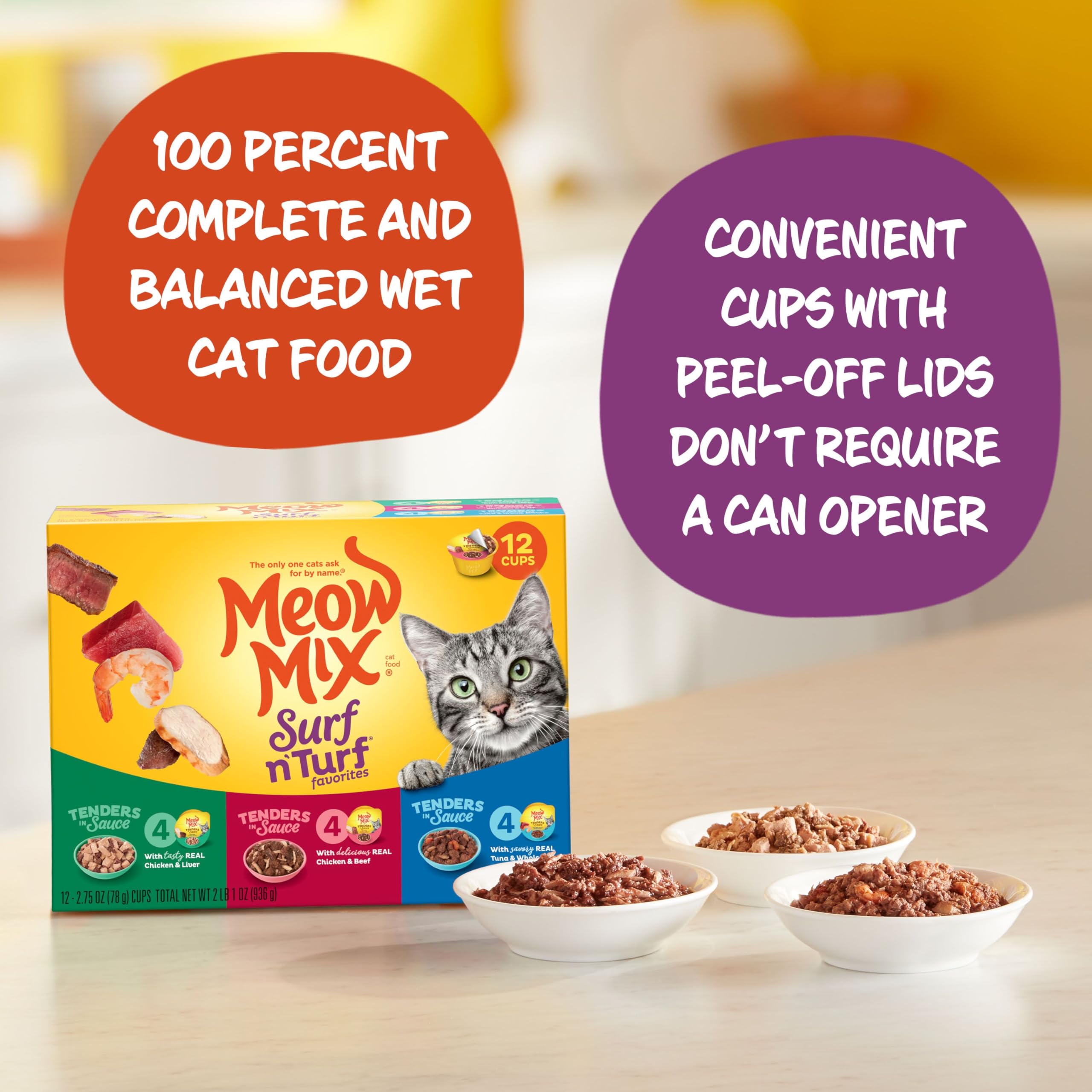 Saveurs variées Meow Mix, stimulation de l'appétit du chat.
