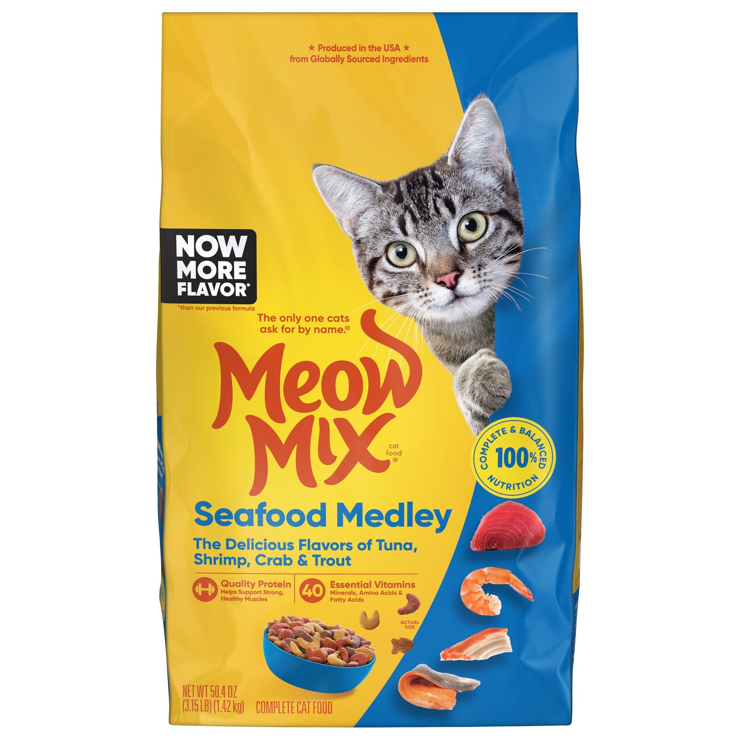 Meow Mix Seafood Medley emballage montrant la nutrition complète pour chats
