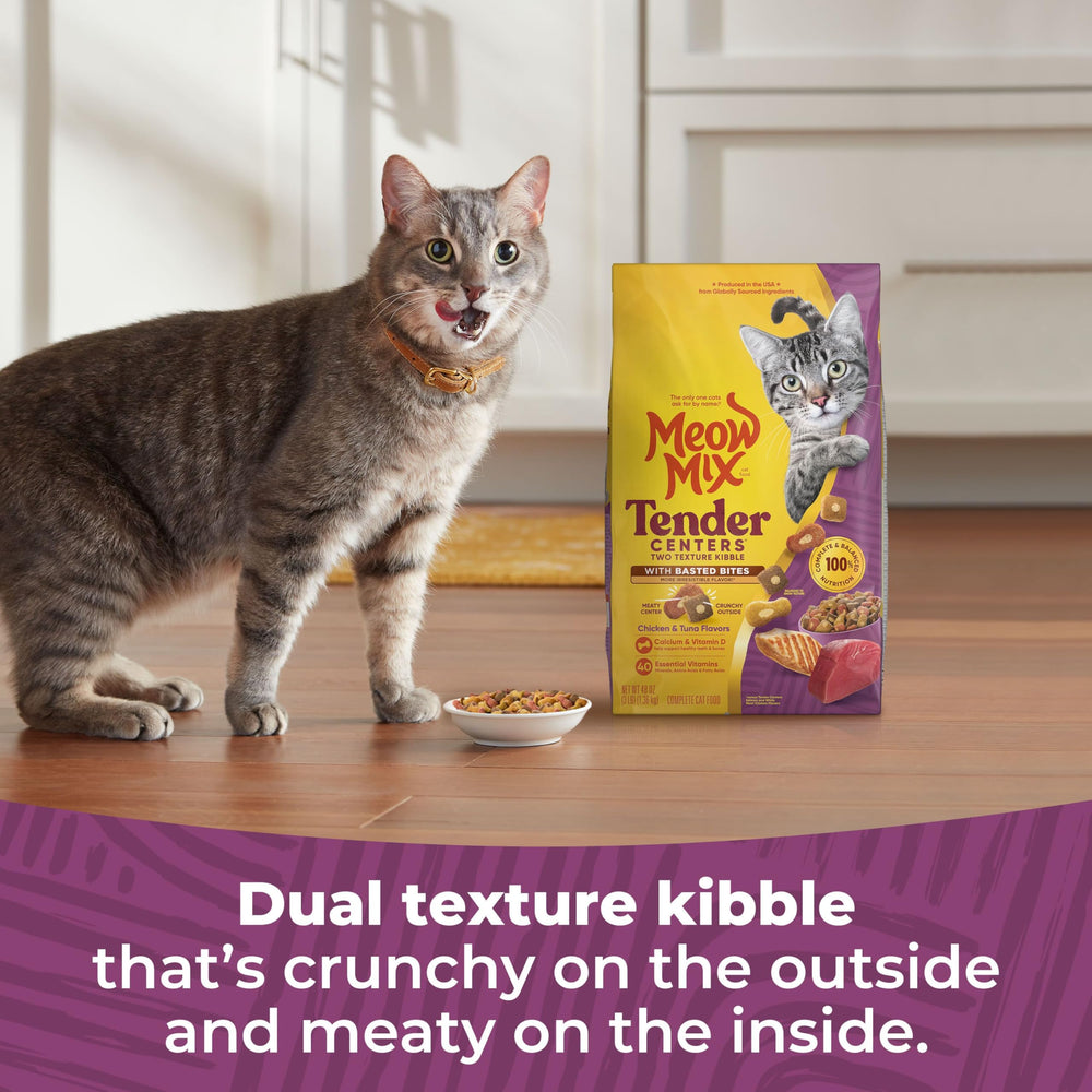 Goût poulet et thon Meow Mix Tender Centers Basted Bites, idéal pour varier les saveurs.