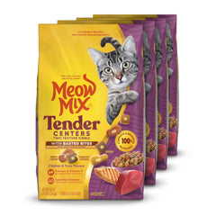 Meow Mix Tender Centers avec Basted Bites, ensemble de 4 sacs pratique pour les repas quotidiens.