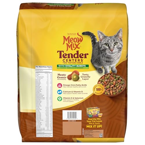 Meow Mix Tender Centers centre tendre saumon, croquant extérieur, repas appétissant.
