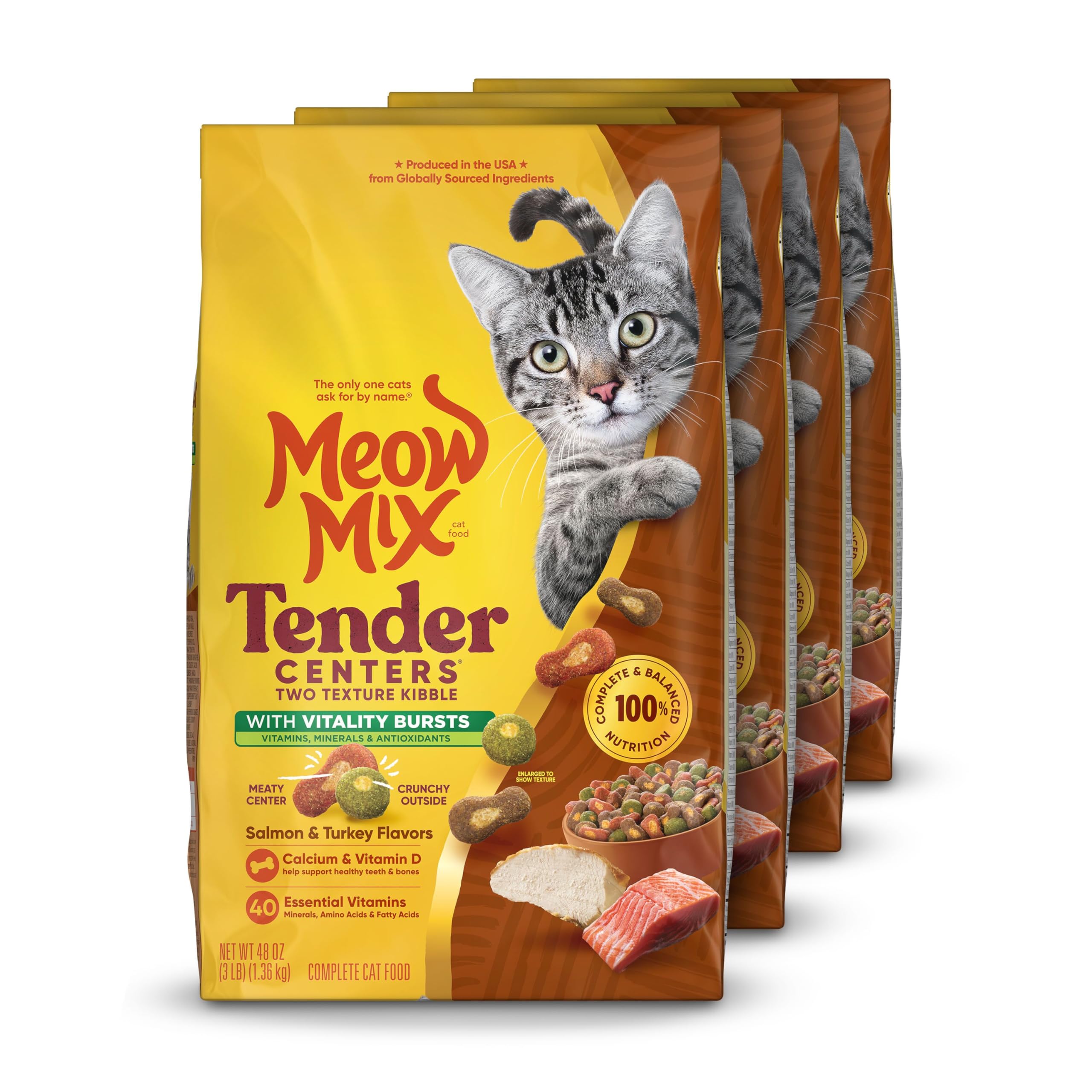 Meow Mix Tender Centers emballage 4 sacs de 3 lb, alimentation pratique et complète.