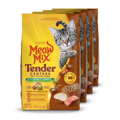 Meow Mix Tender Centers emballage 4 sacs de 3 lb, alimentation pratique et complète.