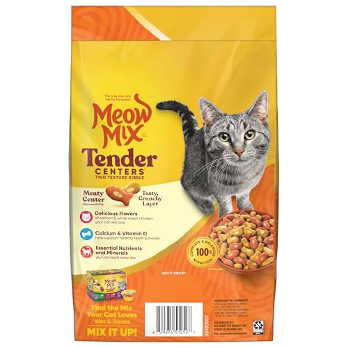 Meow Mix Tender Centers saumon et poulet, cœur tendre et goût savoureux.