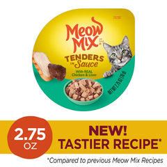 Morceaux de poulet et foie visibles dans Meow Mix Tenders en Sauce