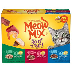 Meow Mix Tenders en Sauce poulet et foie, texture onctueuse pour repas.