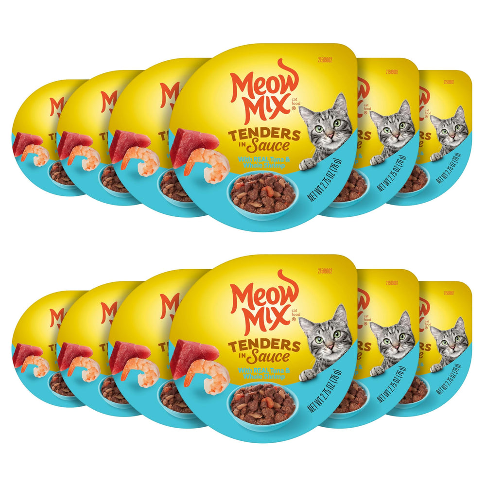 Meow Mix Tenders en Sauce avec thon et crevettes, coupes pratiques pour repas